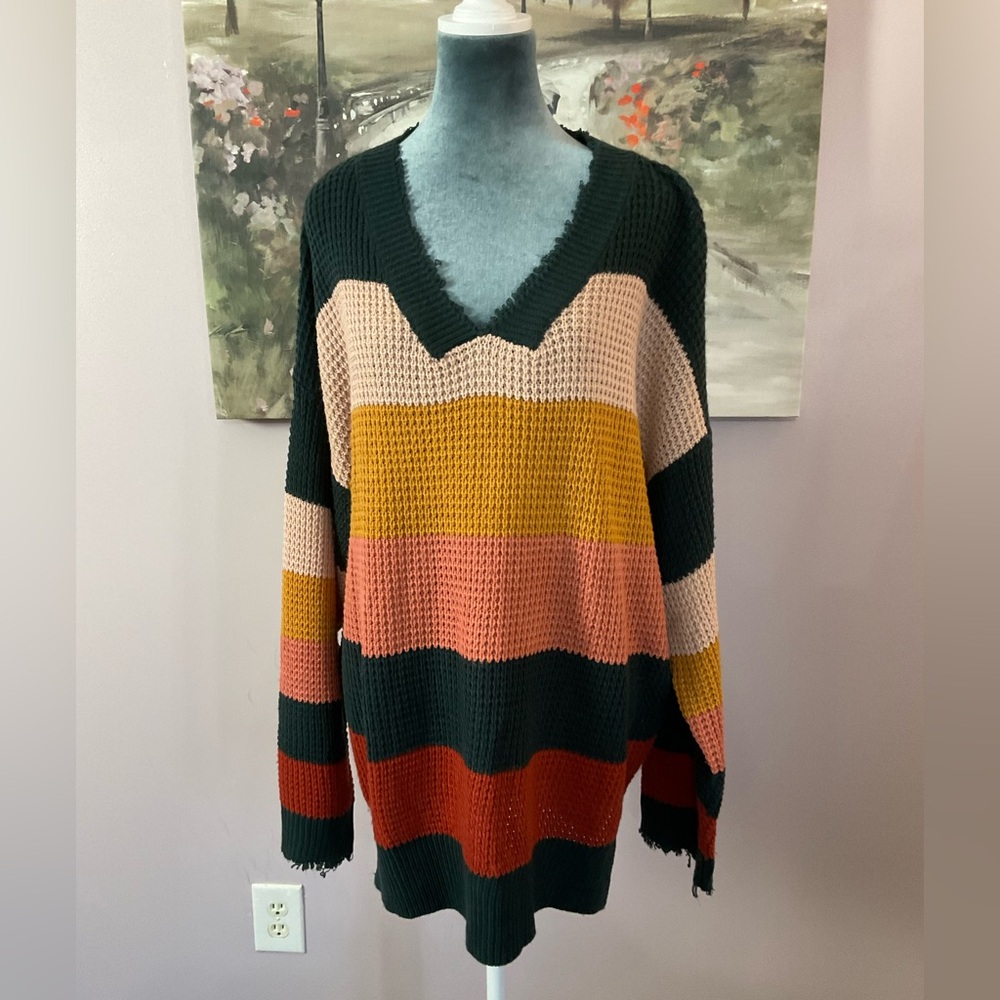 UMGEE Striped V-Neck Sweater - Multicolor